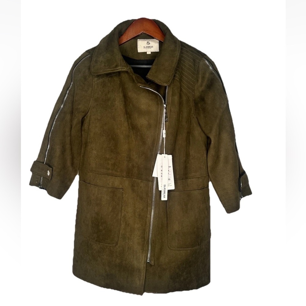 Suede Jacket Womens  L Sage Green Front Zippers & Pockets Olanmear 3/4 Sleeve